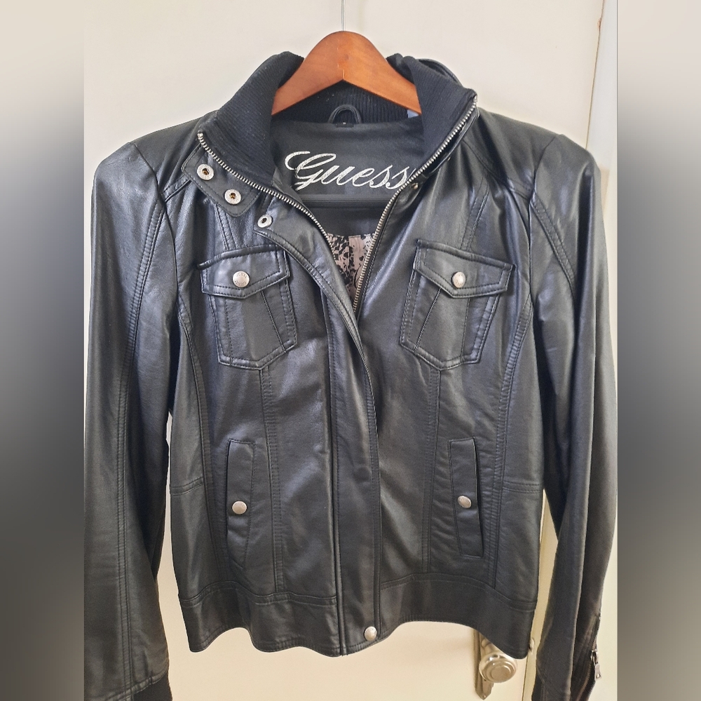 Faux leather bomber jacket, Guess,  black, size med. Ladies